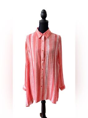 Robert Louis Coral and White Striped Button Down Tunic Shirt